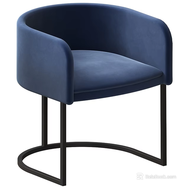 Modern Blue Velvet Accent Chair With Curved Armrests And Black Metal Circular Base 3d model 