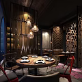 Traditional Restaurant Interior With Woven Ceiling Round Pendant Light Stone Walls And Colorful Chairs