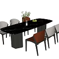 Modern Dining Table And Chairs Set Black Marble Top Brown Beige Seats Vase Fruit Bowl