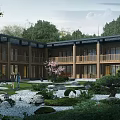 Traditional Chinese Architecture Courtyard With Wooden Structure Green Plants Stones And Blue Sky White Clouds