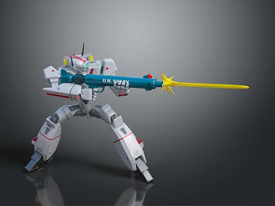 Futuristic White Mecha Robot Character Holding Long Blue Weapon With Yellow Tip 3d model