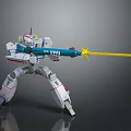 Futuristic White Mecha Robot Character Holding Long Blue Weapon With Yellow Tip