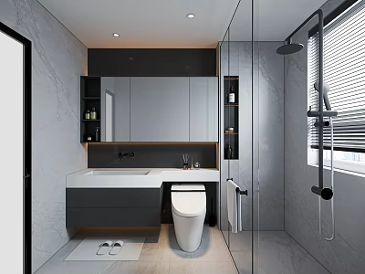 Modern Minimalist Bathroom with Gray Marble Wall-Mounted Vanity Smart Toilet Glass Shower and Storage Cabinets 3d model