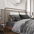Minimalist Background Double Bed With White Curved Bedhead Circular Relief Side Windows And Bedside Lamps