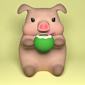Cute Pink Piggy Doll Holding Green Coconut With Pink Straw On Light Green Background