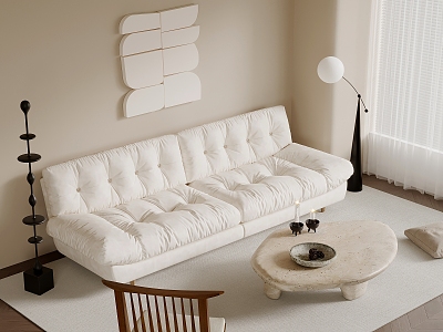 07 sofa cream style multi-person sofa leather sofa coffee table hanging picture floor lamp 3d model