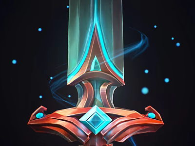 Mythical Glowing Sword Weapon Featuring Blue Light Smoke Effects And Red Hilt With Gemstone Details 3d model