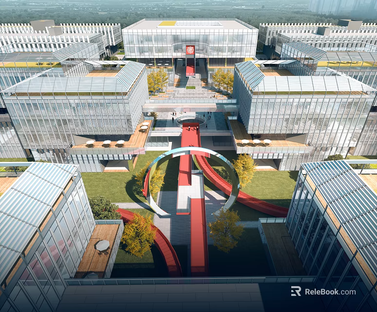Modern Industrial Park With Glass Facade Buildings Central Green Space And Red Walkway 3d model 