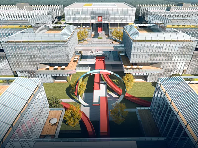 Modern Industrial Park With Glass Facade Buildings Central Green Space And Red Walkway 3d model