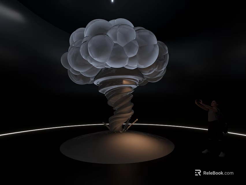 Large Art Installation with White Circular Forms Spiral Base Against Dark Background Person Taking 3d model