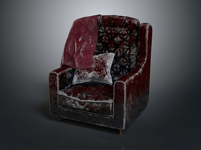 Vintage Burgundy Velvet Armchair With Patterned Pillow And Wooden Legs 3d model