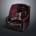 Vintage Burgundy Velvet Armchair With Patterned Pillow And Wooden Legs