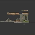 Modern Outdoor Space Model With Wooden Seats Platform And Green Plants