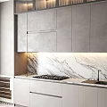 Modern Gray Kitchen Interior With Sleek Cabinets Marble Backsplash And Recessed Lighting 3d model