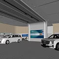 Modern Car Showroom Interior With White Vehicles And People Walking Around Display Area