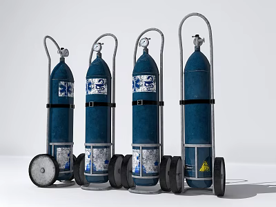 Public Facility Blue Gas Cylinders On Wheeled Carts With Safety Labels 3d model