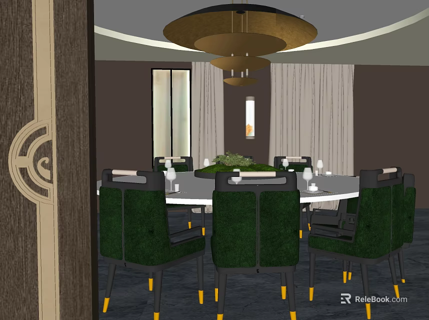 Elegant Private Dining Room With Round Table Green Chairs Chandelier And Wooden Decor 3d model 