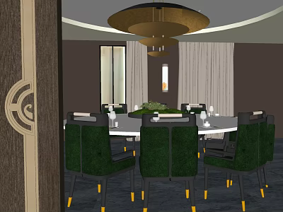 Elegant Private Dining Room With Round Table Green Chairs Chandelier And Wooden Decor 3d model