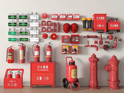 Modern fire fighting equipment fire hydrant fire extinguisher safety exit alarm emergency lighting 3d model