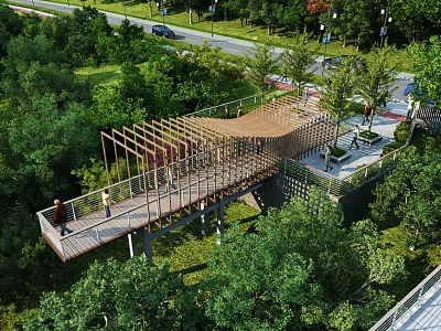 Elevated Wooden Observation Deck With Lush Trees Green Grass Scenic Walkway And Natural Surroundings 3d model