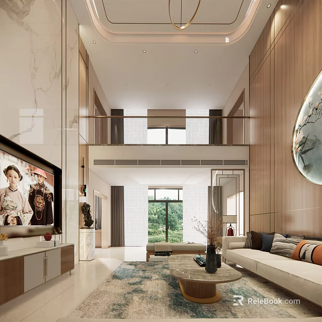 Modern Duplex Living Room Interior With High Ceiling TV Wall Round Painting And Green View 3d model 
