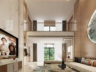 Modern Duplex Living Room Interior With High Ceiling TV Wall Round Painting And Green View 3d model