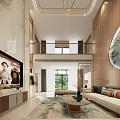 Modern Duplex Living Room Interior With High Ceiling TV Wall Round Painting And Green View