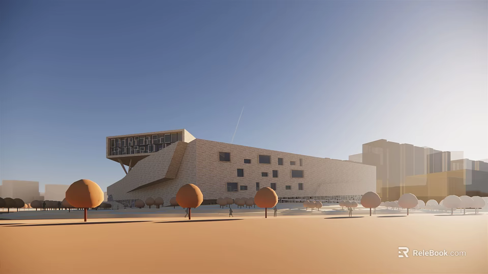 Modern Building Exterior Design With Light Colored Facade Surrounding Trees And Blue Sky 3d model 