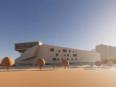 Modern Building Exterior Design With Light Colored Facade Surrounding Trees And Blue Sky 3d model