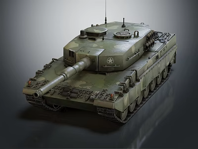 Military Tank Featuring Green Camouflage Long Barrel Tracks And Top Equipment Isolated On Gray Background 3d model