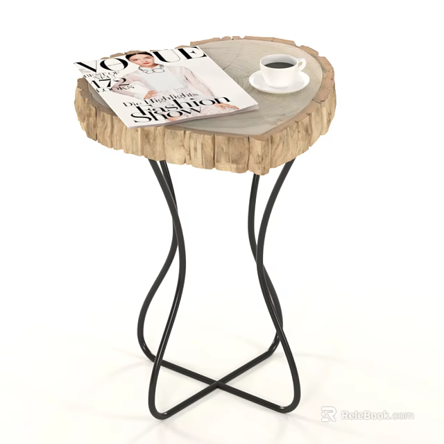 Natural Log Edge Wooden Top Side Table With Black Metal Legs And Magazine Coffee Cup 3d model 