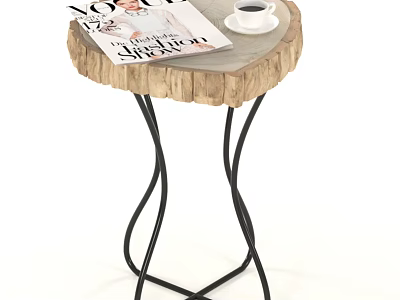 Natural Log Edge Wooden Top Side Table With Black Metal Legs And Magazine Coffee Cup 3d model