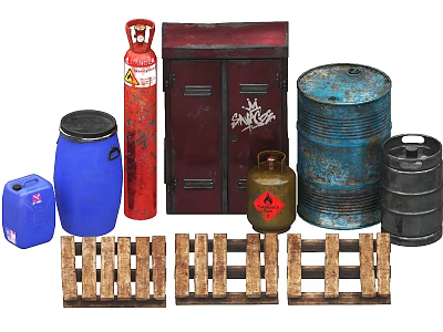 Industrial Equipment Featuring Blue Drums Fire Extinguisher Metal Cabinet Wooden Pallets And Hazardous Barrels 3d model