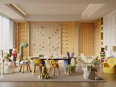 Fun Playroom Featuring Dinosaur Toys Climbing Wall Colorful Chairs Round Table And Storage Shelves 3d model