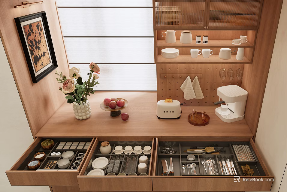 Cozy Restaurant Kitchen Featuring Wooden Cabinets Organized Utensil Drawers Vase With Flowers Toaster And Apples 3d model 