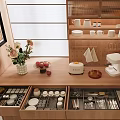 Cozy Restaurant Kitchen Featuring Wooden Cabinets Organized Utensil Drawers Vase With Flowers Toaster And Apples