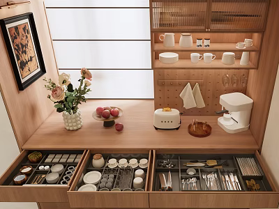 Cozy Restaurant Kitchen Featuring Wooden Cabinets Organized Utensil Drawers Vase With Flowers Toaster And Apples 3d model