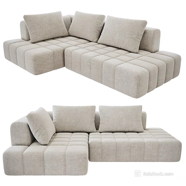 Modern L Shaped Multi Seater Sofa In Light Beige With Tufted Design 3d model 