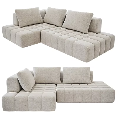 Modern L Shaped Multi Seater Sofa In Light Beige With Tufted Design 3d model