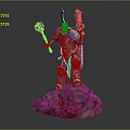 Detailed Character In Blue Armor Holding Hammer And Gun Standing On Rock Base