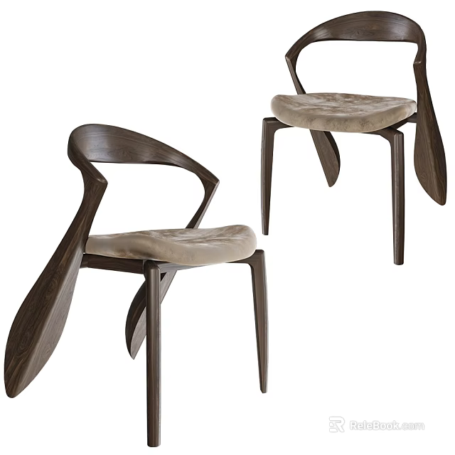 Modern Leisure Chair With Curved Wooden Backrest And Soft Beige Cushion Seat 3d model 