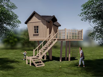 Elevated Wooden Cabin With Staircase And Railing In Grassy Backyard For Children Play 3d model