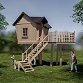 Elevated Wooden Cabin With Staircase And Railing In Grassy Backyard For Children Play