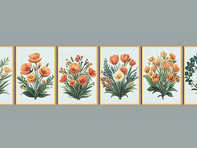 Multiple Flower Wall Art Pieces With Orange Yellow Blooms And Green Leaves In Frames 3d model
