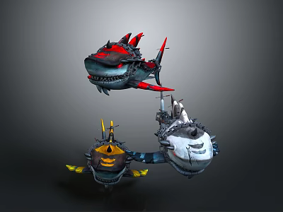 Fantasy Aquatic Animals With Red Black Yellow Fins And Decorative Features 3d model