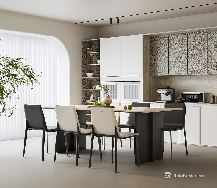Modern Restaurant Interior Design With Open Kitchen Dining Table Chairs And Plant 3d model 