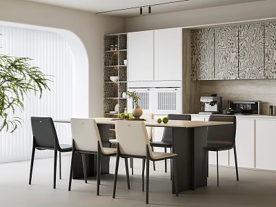 Modern Restaurant Interior Design With Open Kitchen Dining Table Chairs And Plant 3d model