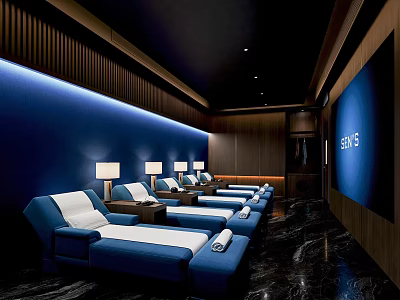 Modern Lounge Area With Blue Recliners Lamps Wooden Accents Dark Marble Flooring And Large Screen 3d model