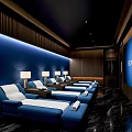 Modern Lounge Area With Blue Recliners Lamps Wooden Accents Dark Marble Flooring And Large Screen