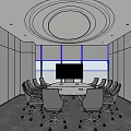 Modern Conference Room With Round Ceiling Light White Table Gray Chairs Large TV And Windows